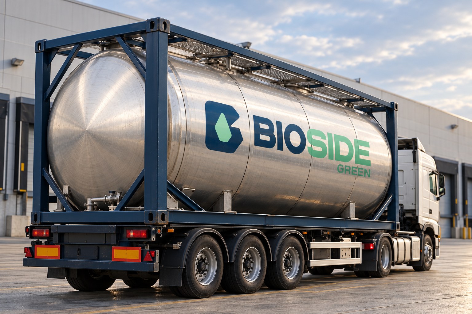 Silver isotank with the Bioside brand on a trailer, at an industrial depot.