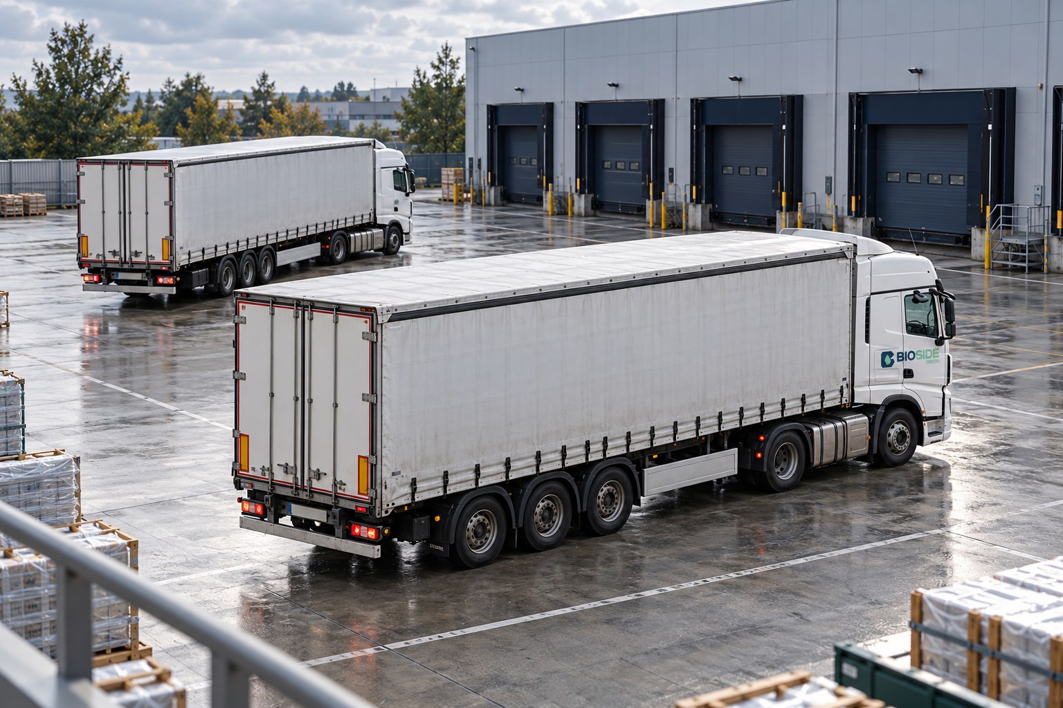 Elevated view of two white trucks in a loading yard.