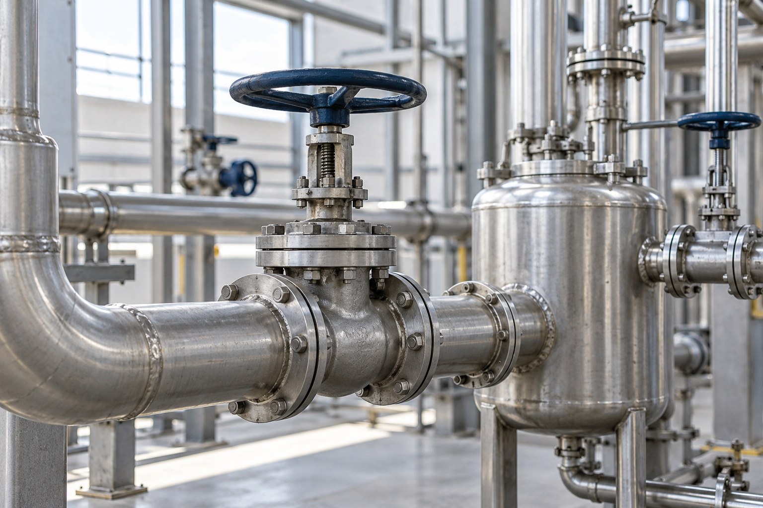 Tubulações de aço inoxidável e volante de válvula em ambiente industrial.