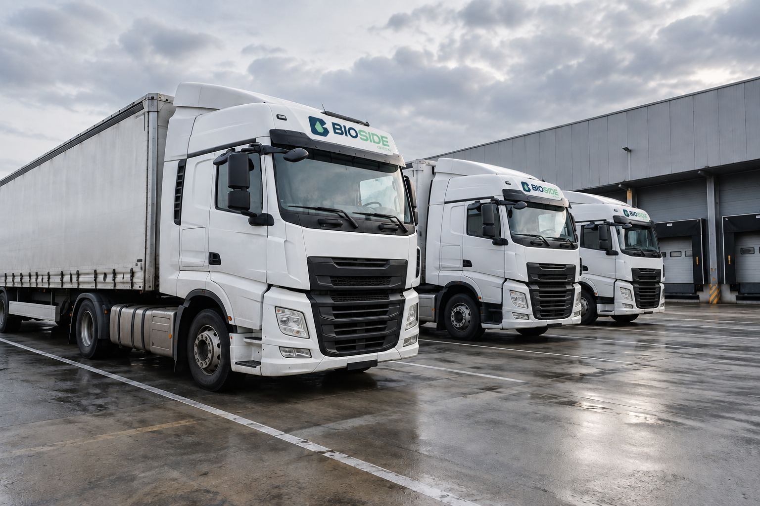 White trucks in a logistics yard.